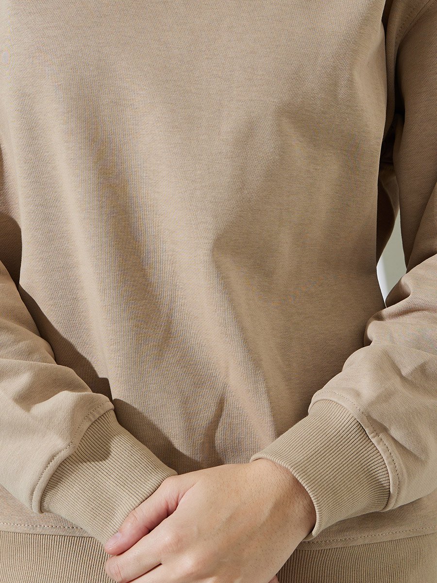 Beige Solid Oversize Pullover Sweatshirt
