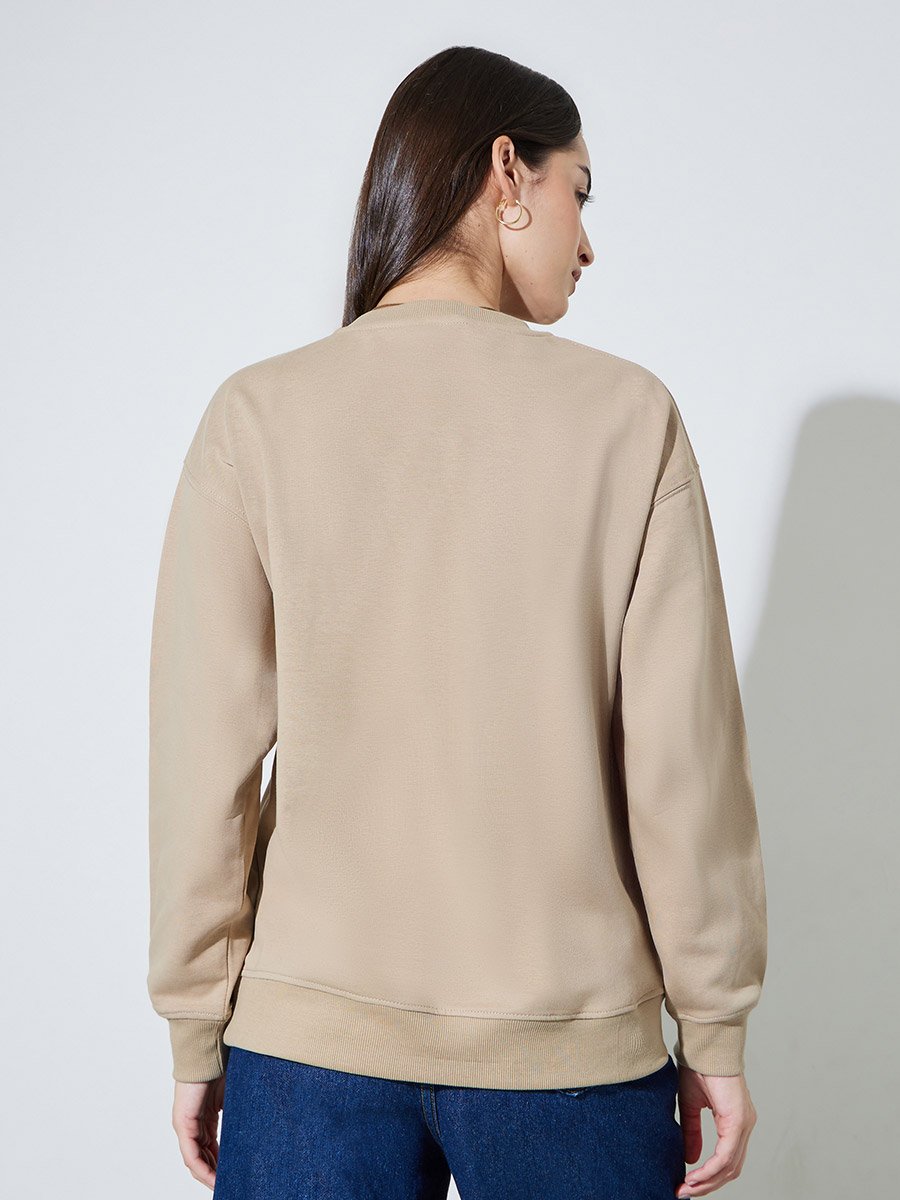 Beige Solid Oversize Pullover Sweatshirt