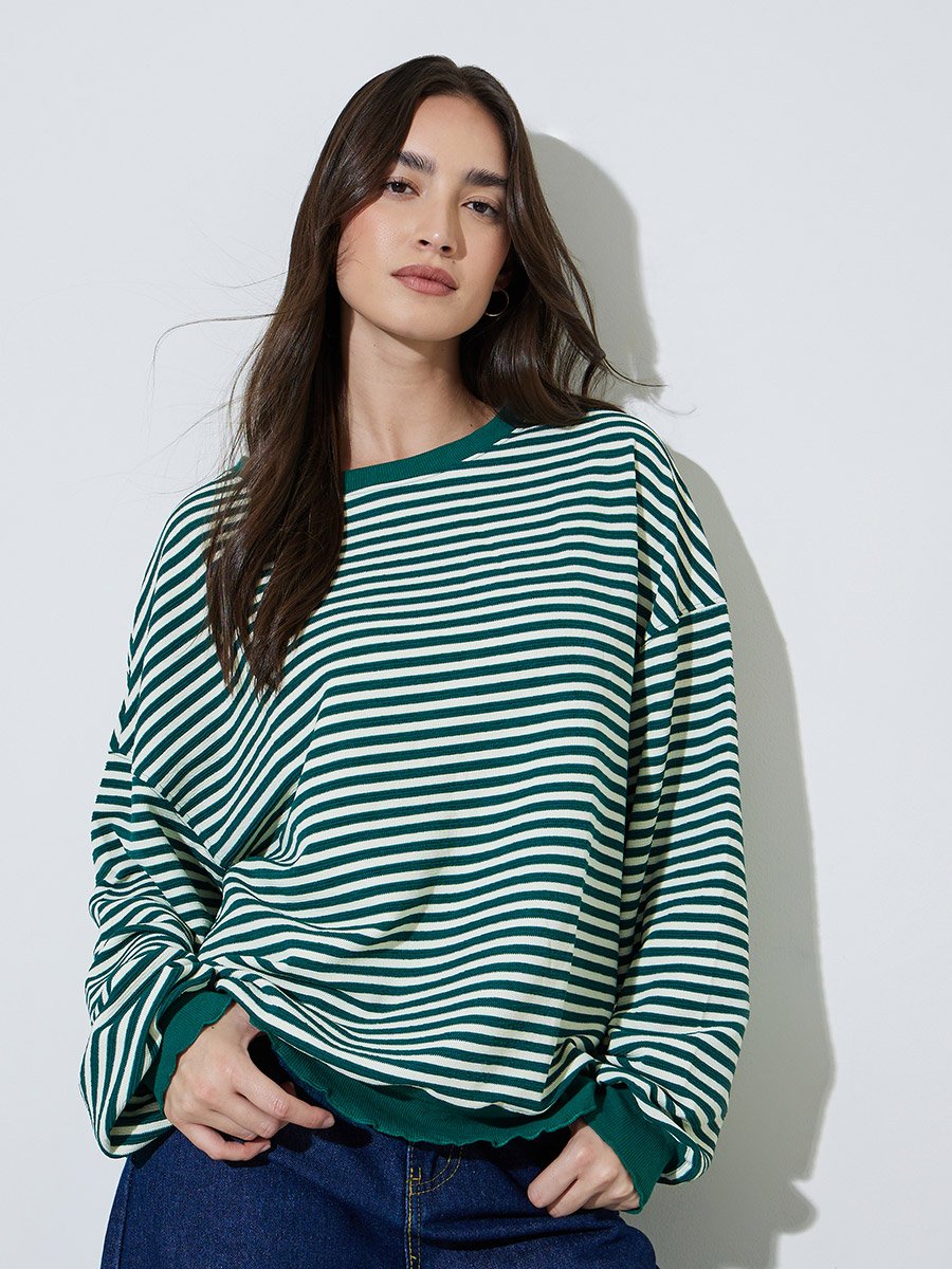 Multi-Color Striped Texture Fabric Oversized Sweatshirt