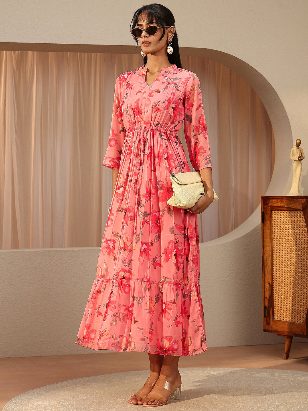 Pink Floral Print Fold Pleat Maxi Dress