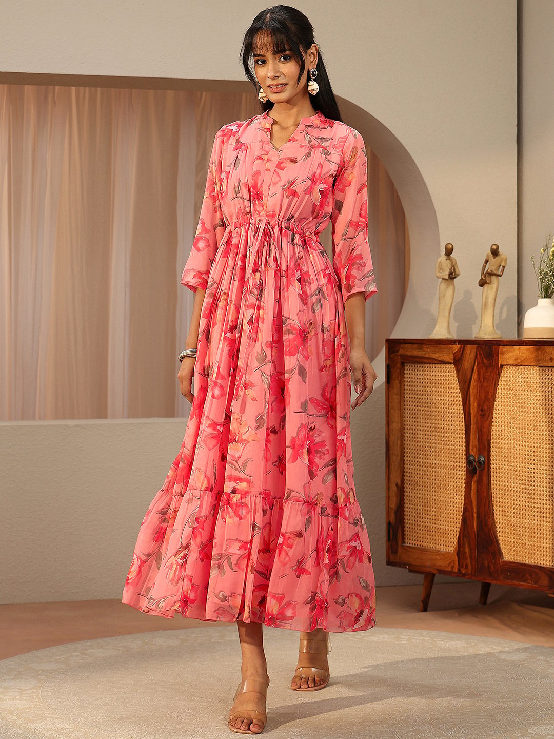 Pink Floral Print Fold Pleat Maxi Dress