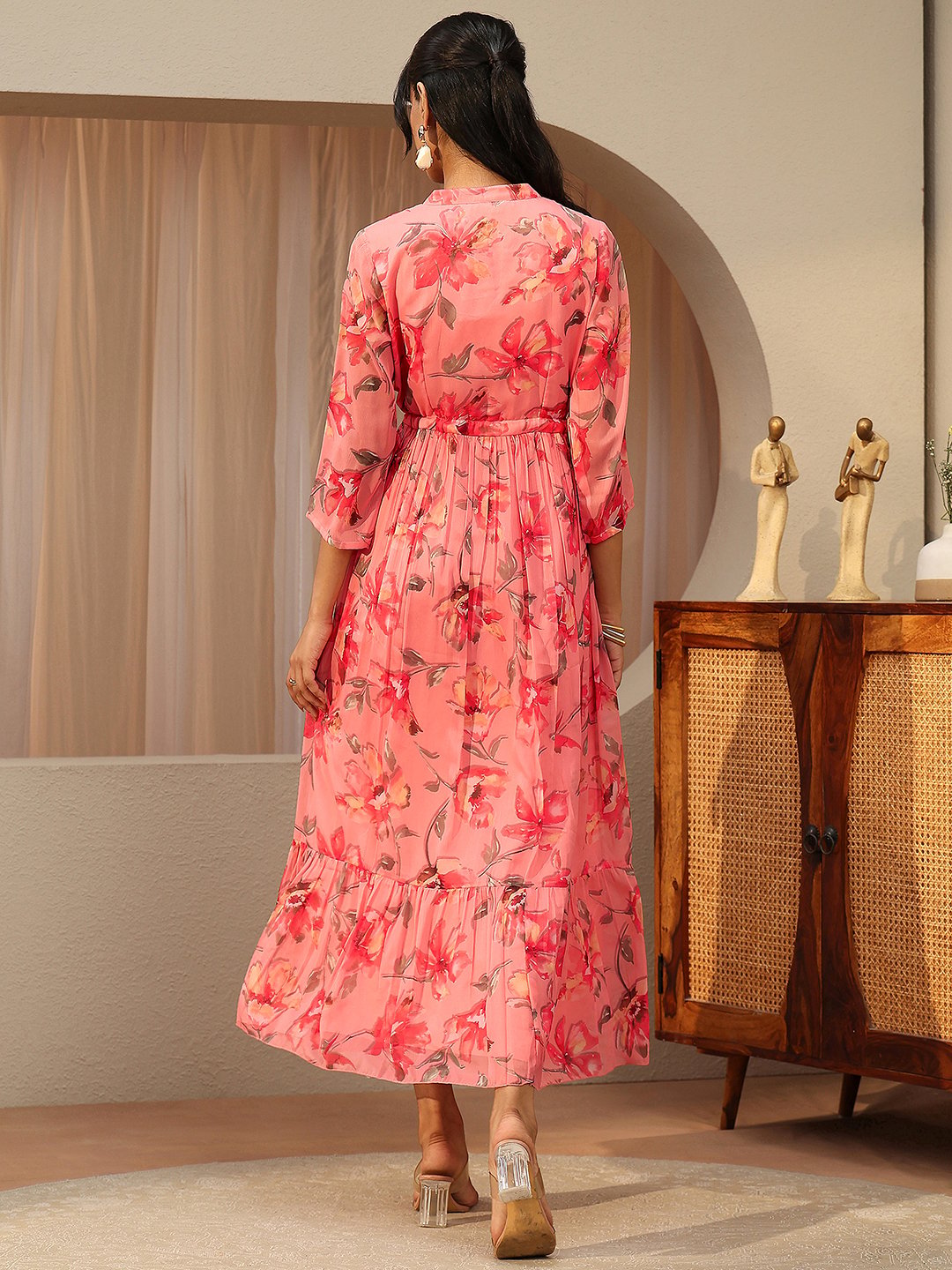 Pink Floral Print Fold Pleat Maxi Dress