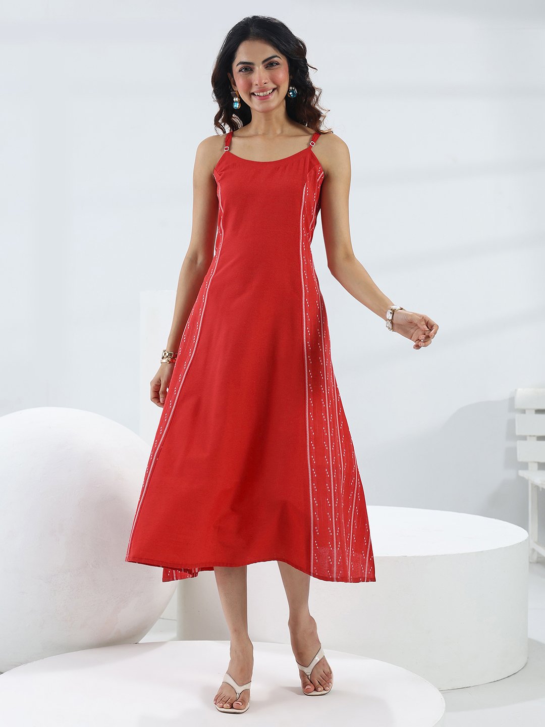 Red Strappy A-Line Midi Dress