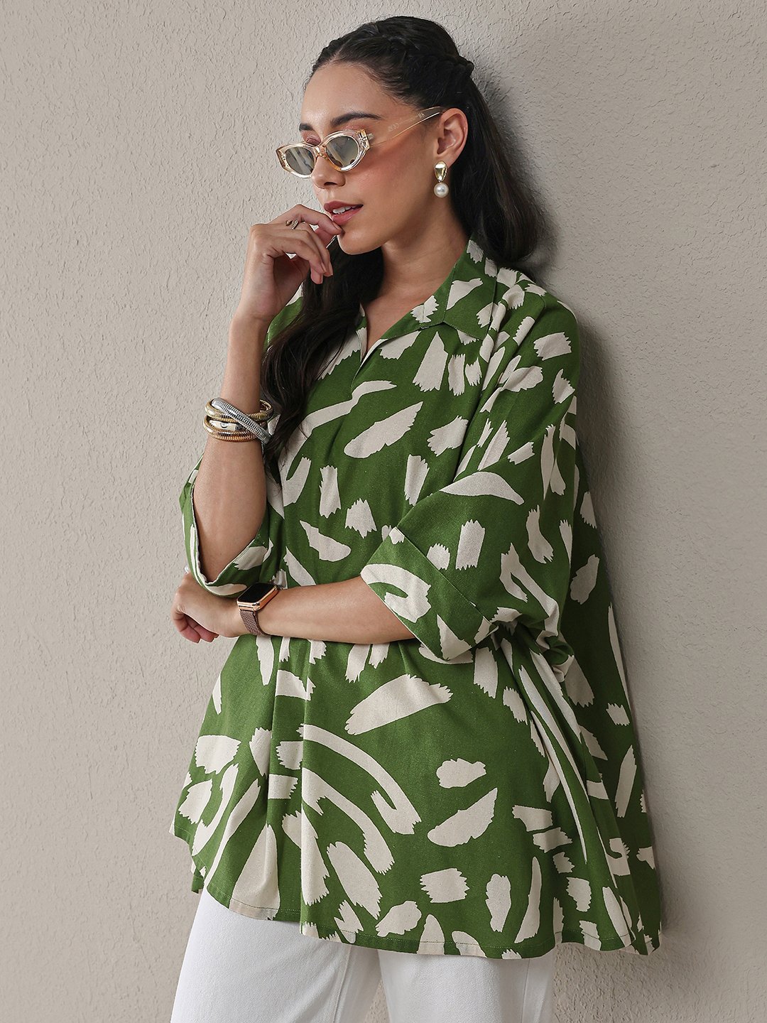 Green Printed Cotton Straight Kurti