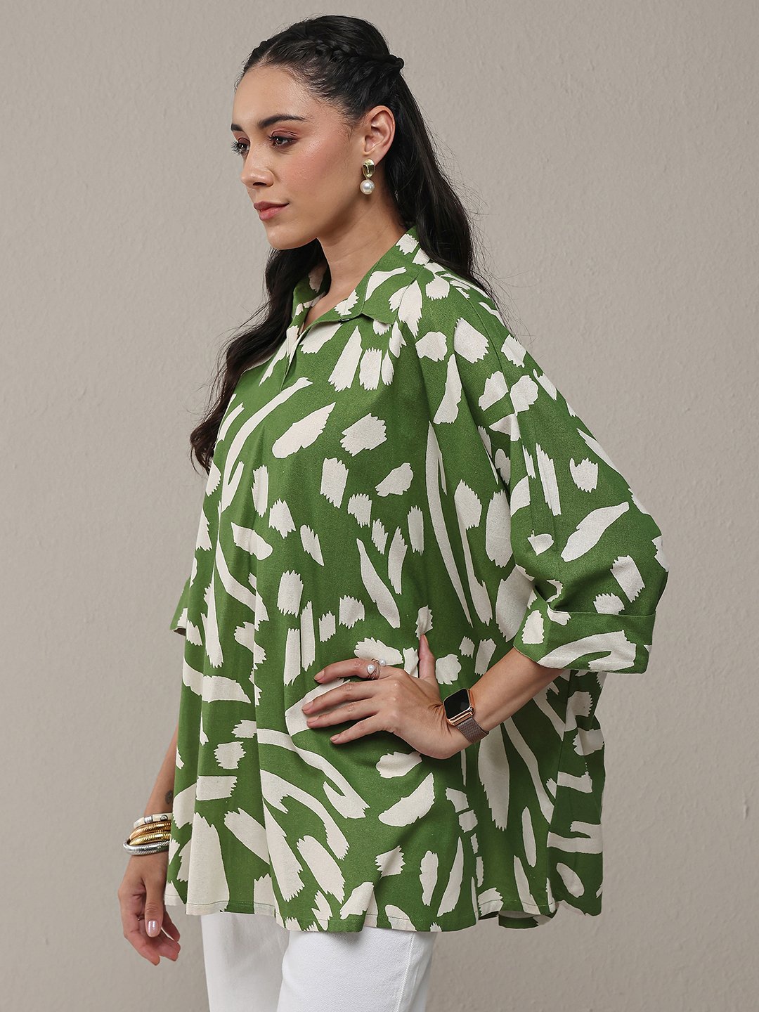 Green Printed Cotton Straight Kurti