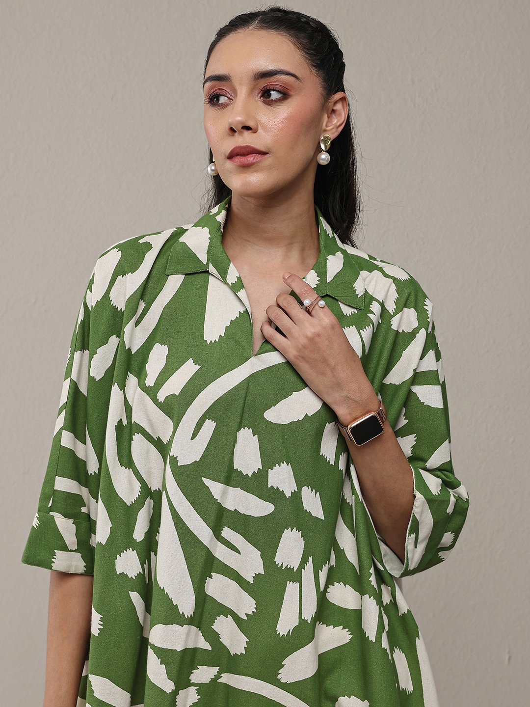 Green Printed Cotton Straight Kurti