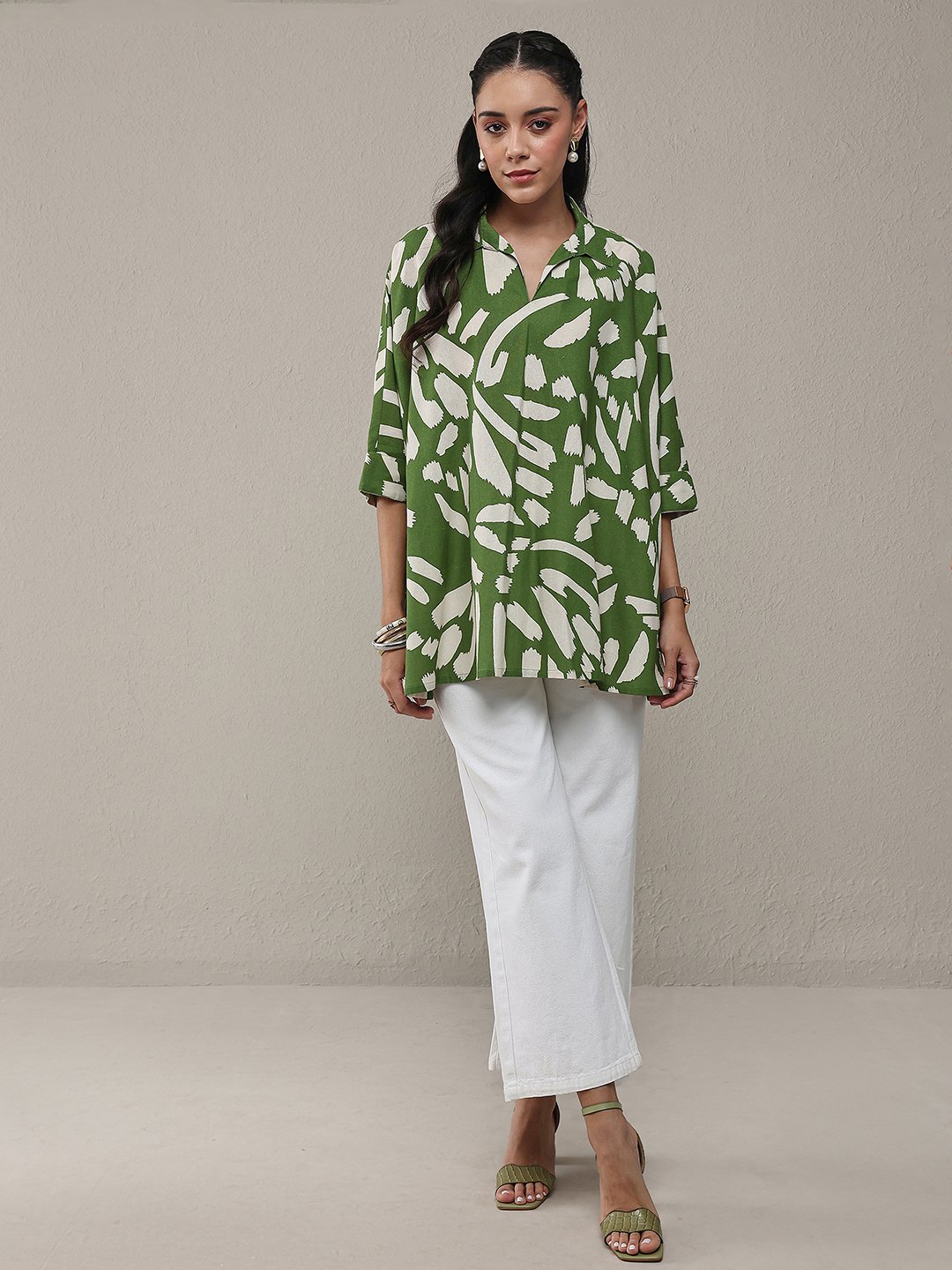 Green Printed Cotton Straight Kurti