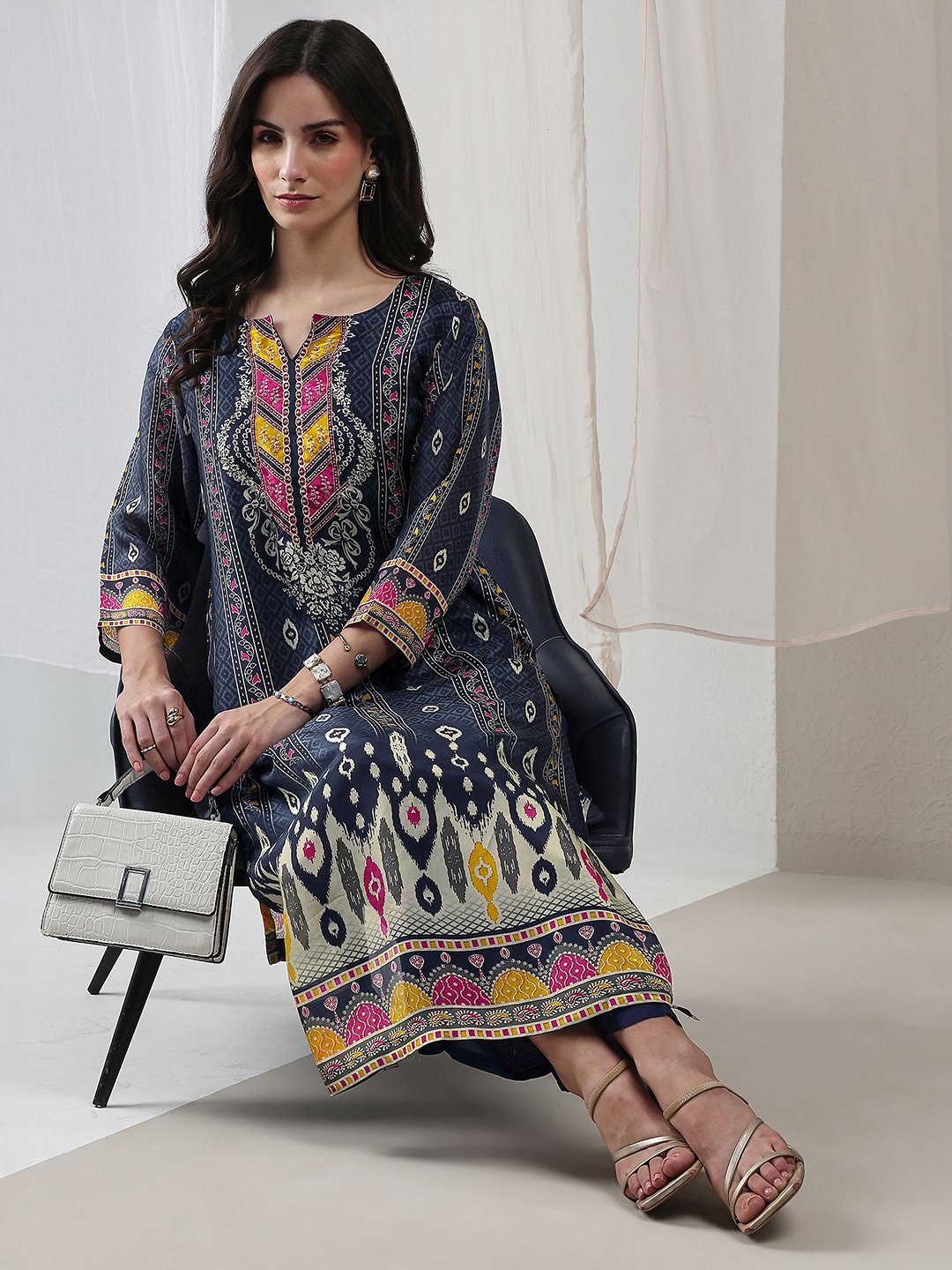 Navy Blue Printed Organza Straight Kurta