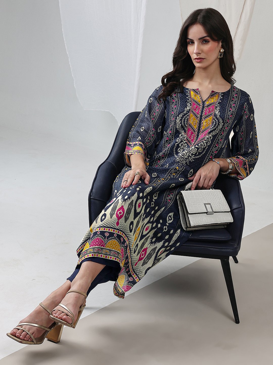 Navy Blue Printed Organza Straight Kurta