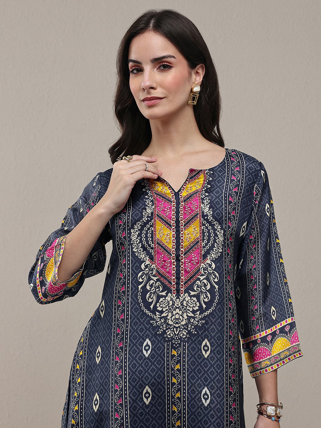 Navy Blue Printed Organza Straight Kurta