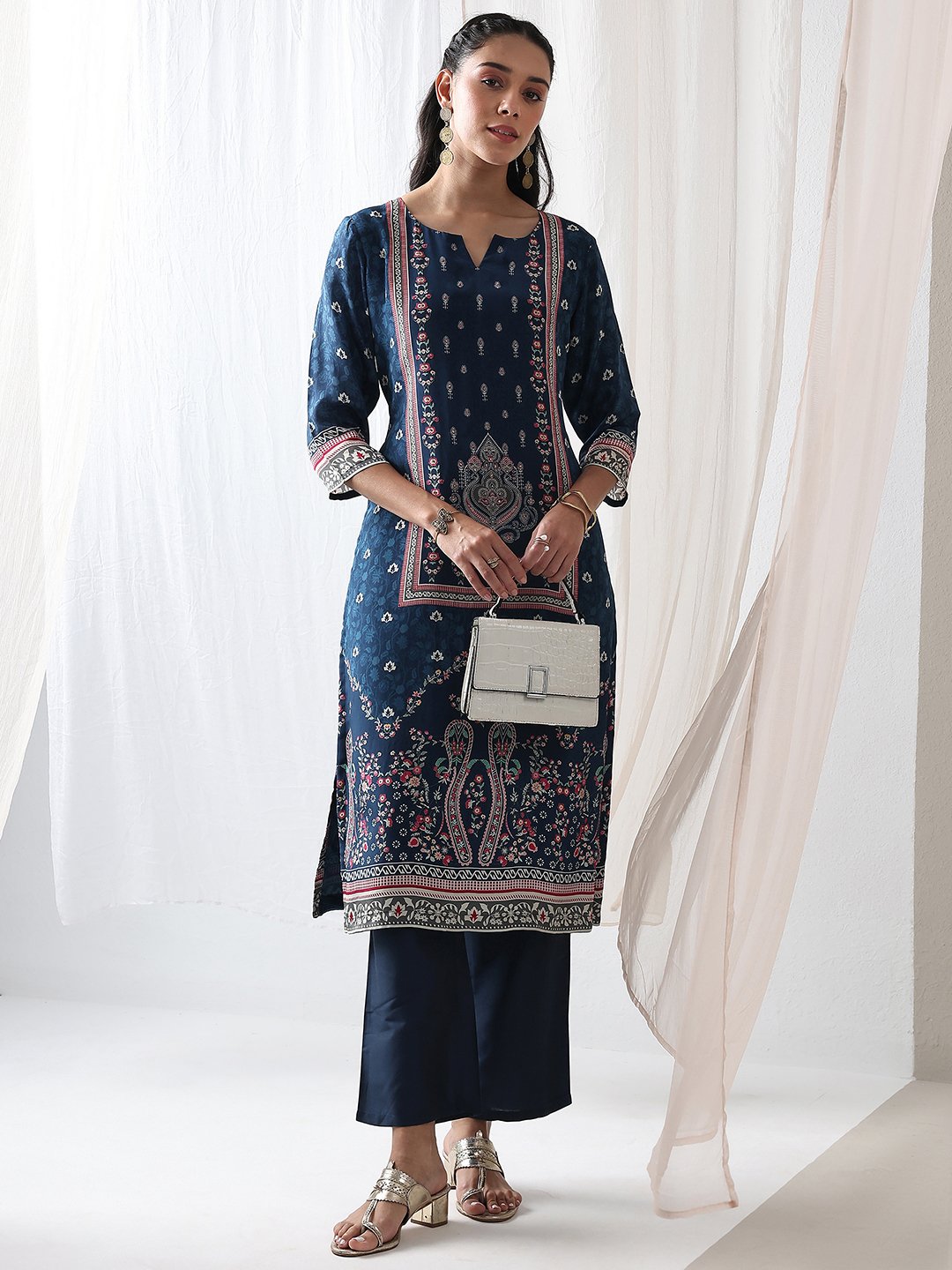 Blue Printed Crepe Straight Kurta