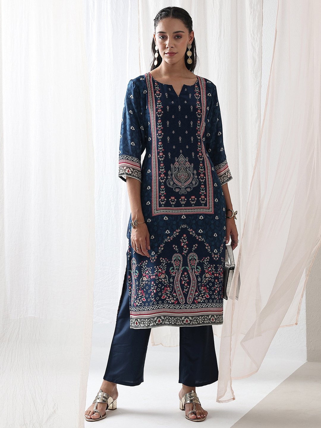 Blue Printed Crepe Straight Kurta