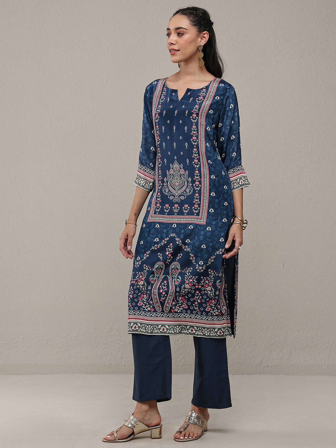 Blue Printed Crepe Straight Kurta