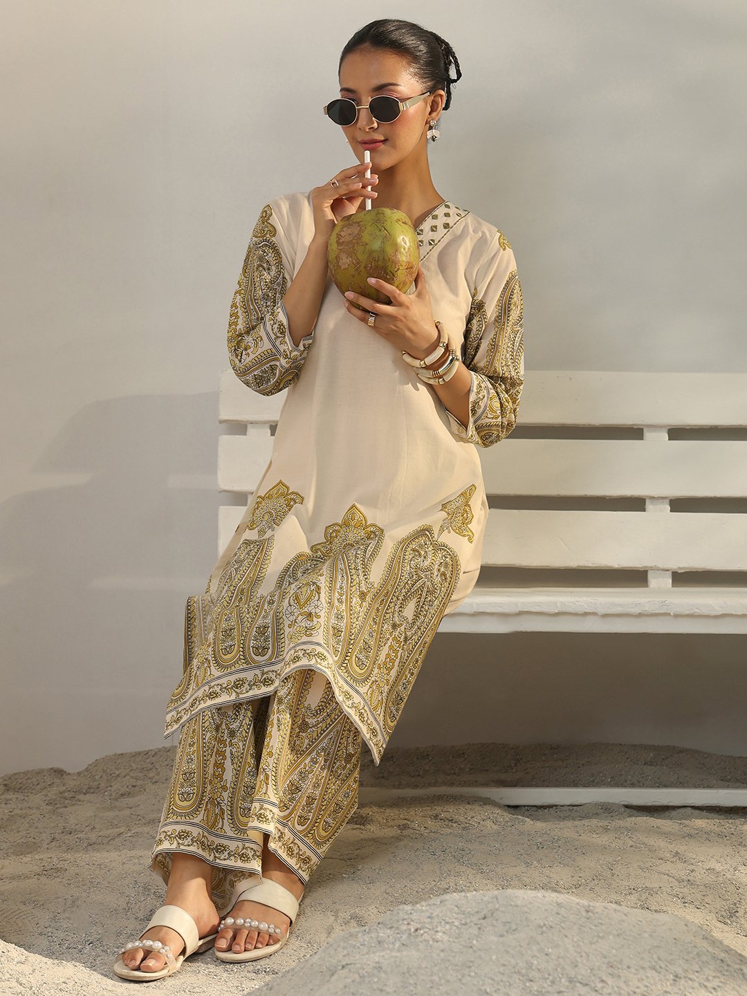 Off White Printed Cotton Co-Ords Set