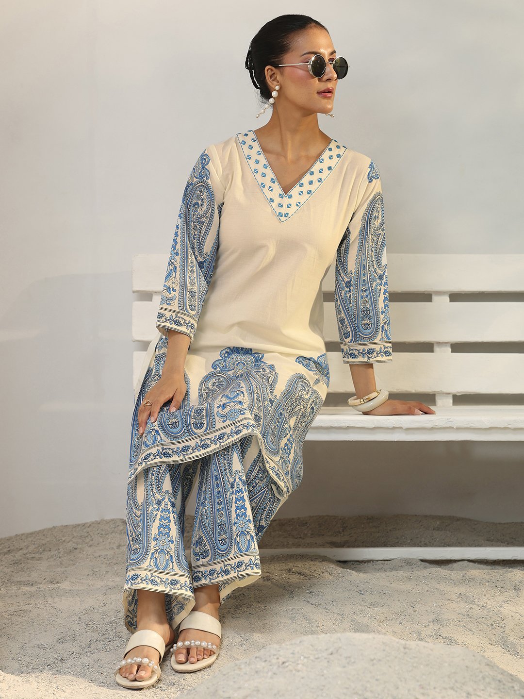 Off White Printed Cotton Co-Ords Set
