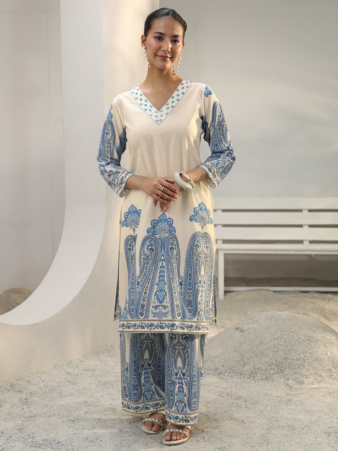 Off White Printed Cotton Co-Ords Set