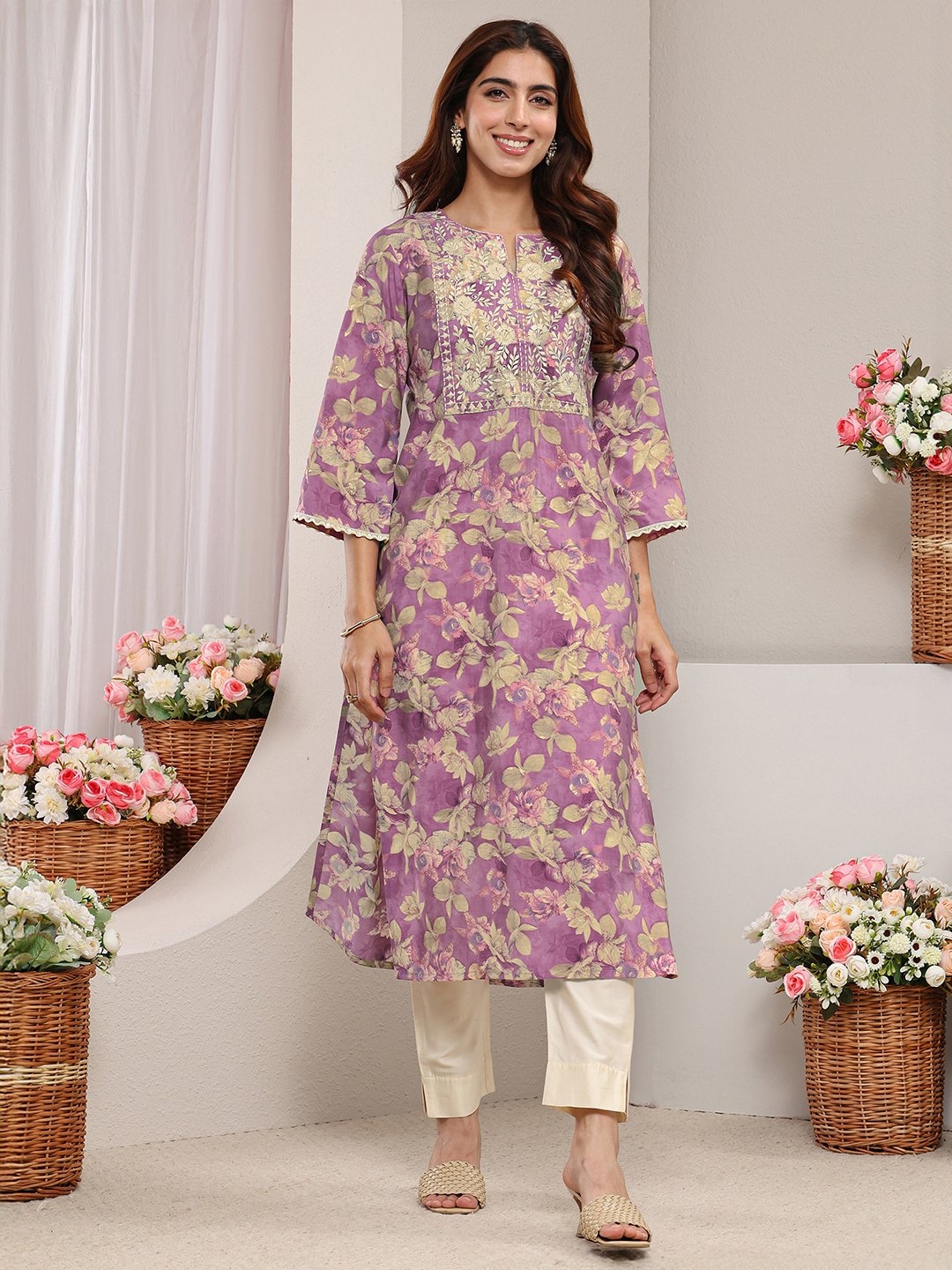 Lavender Printed Silk Blend Straight Kurta