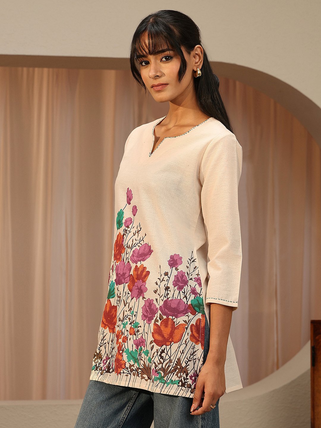 Off White Printed Cotton Blend Straight Kurti