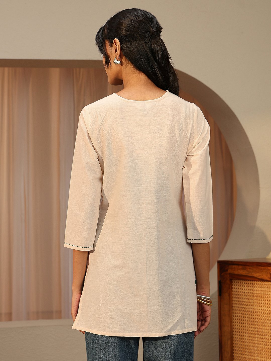 Off White Printed Cotton Blend Straight Kurti