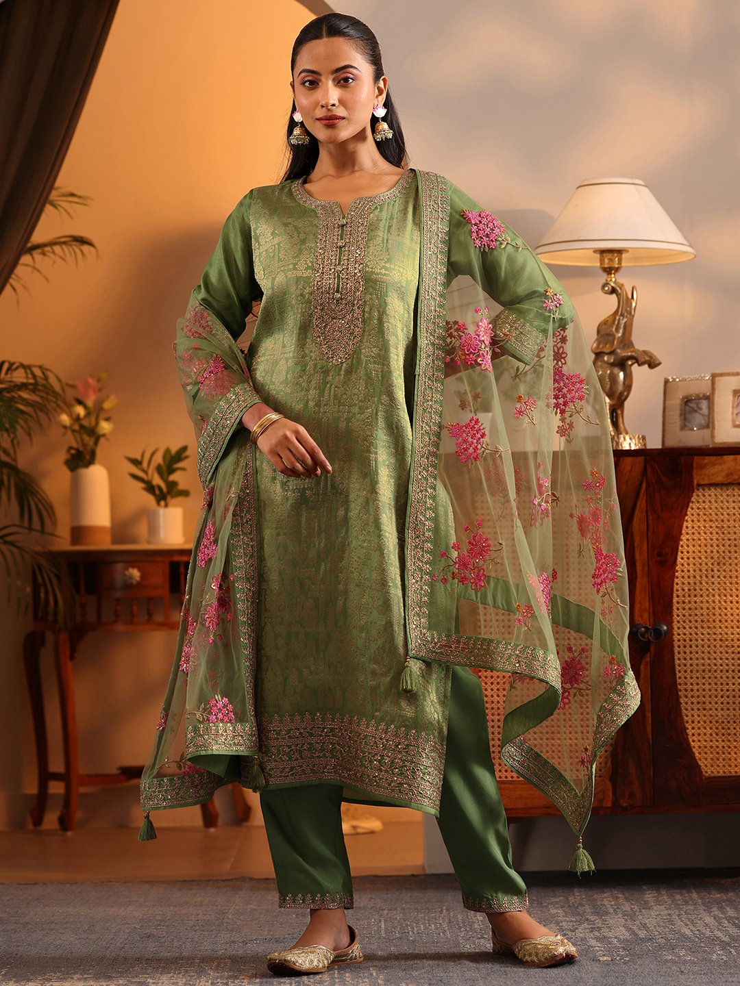 Green Self Design Silk Blend Straight Kurta, Trousers and Dupatta Set