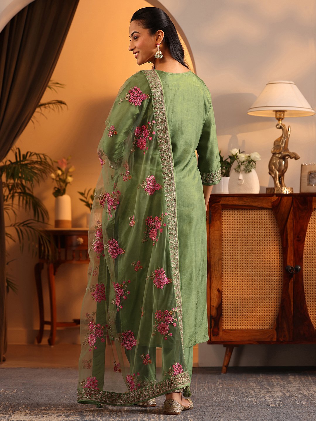 Green Self Design Silk Blend Straight Kurta, Trousers and Dupatta Set