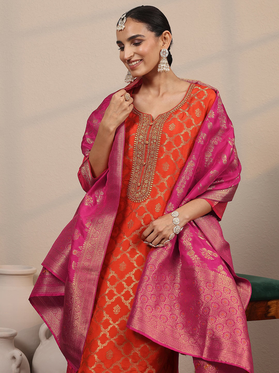Orange Self Design Silk Blend Straight Kurta, Trousers and Dupatta Set