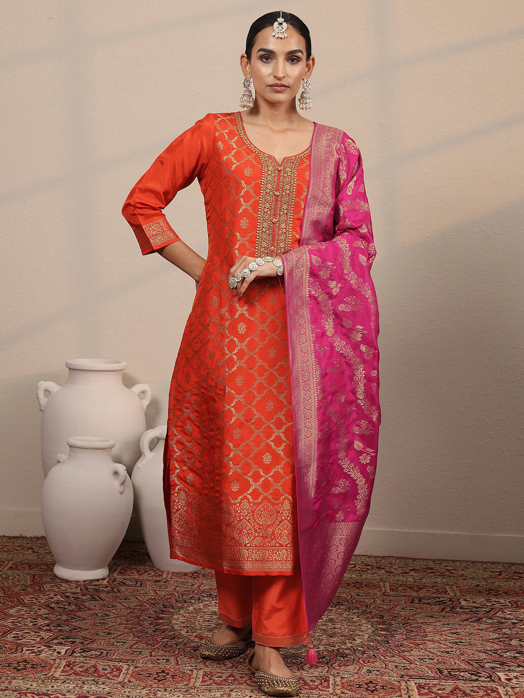 Orange Self Design Silk Blend Straight Kurta, Trousers and Dupatta Set