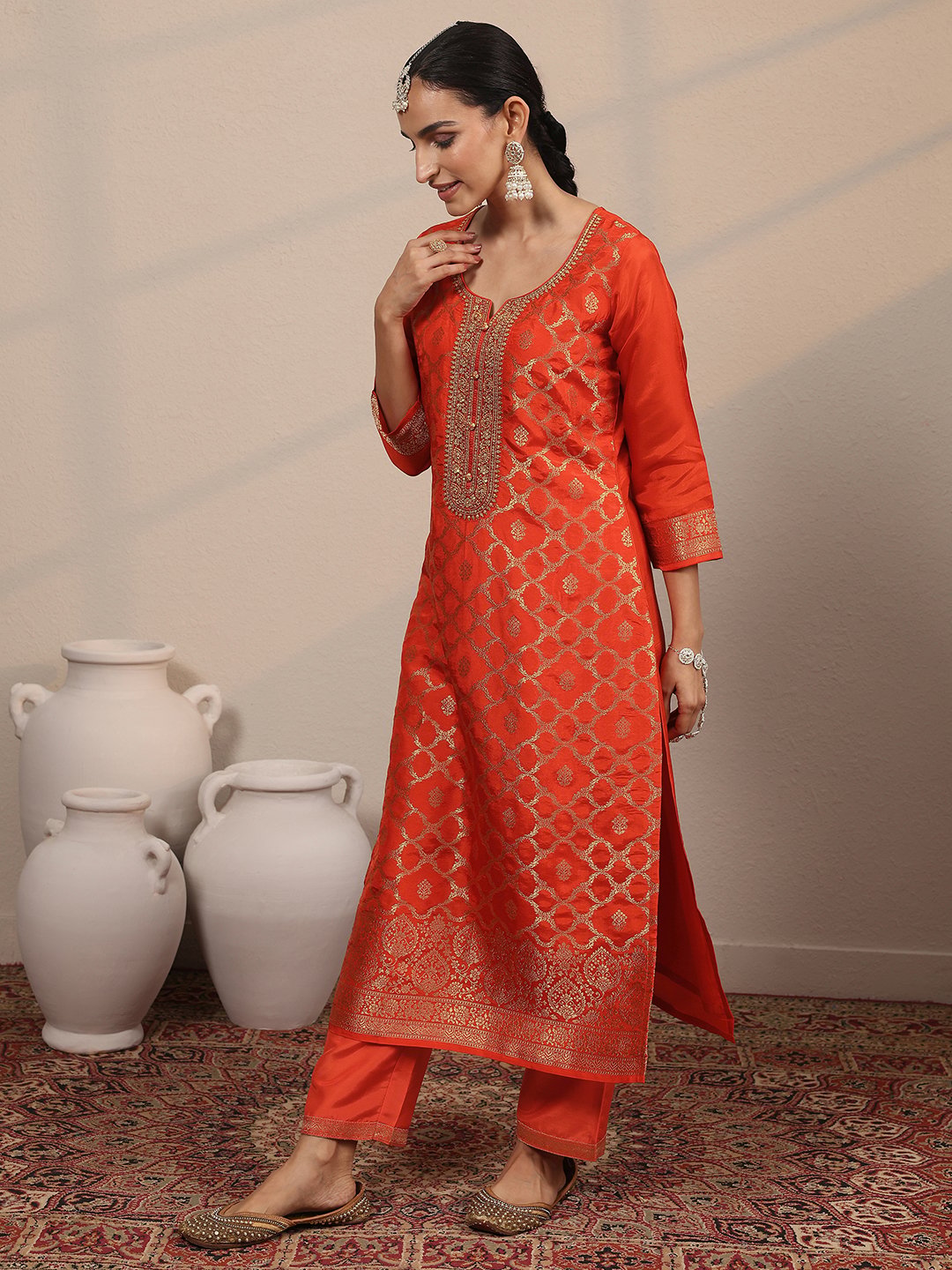 Orange Self Design Silk Blend Straight Kurta, Trousers and Dupatta Set