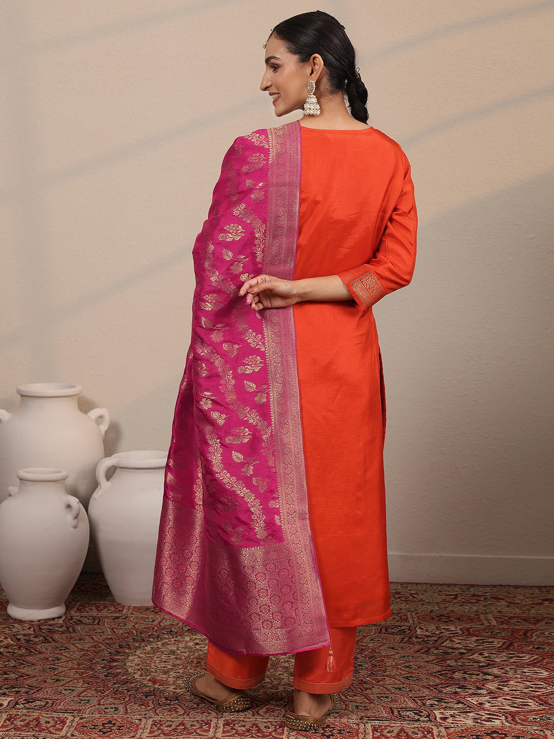 Orange Self Design Silk Blend Straight Kurta, Trousers and Dupatta Set
