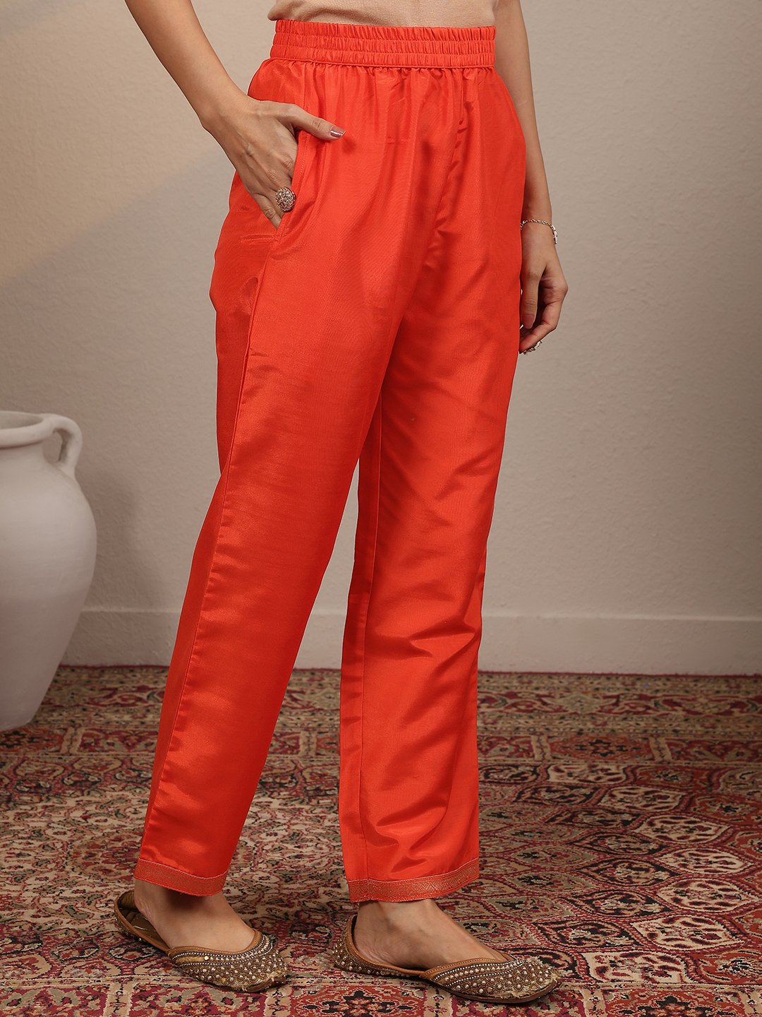 Orange Self Design Silk Blend Straight Kurta, Trousers and Dupatta Set