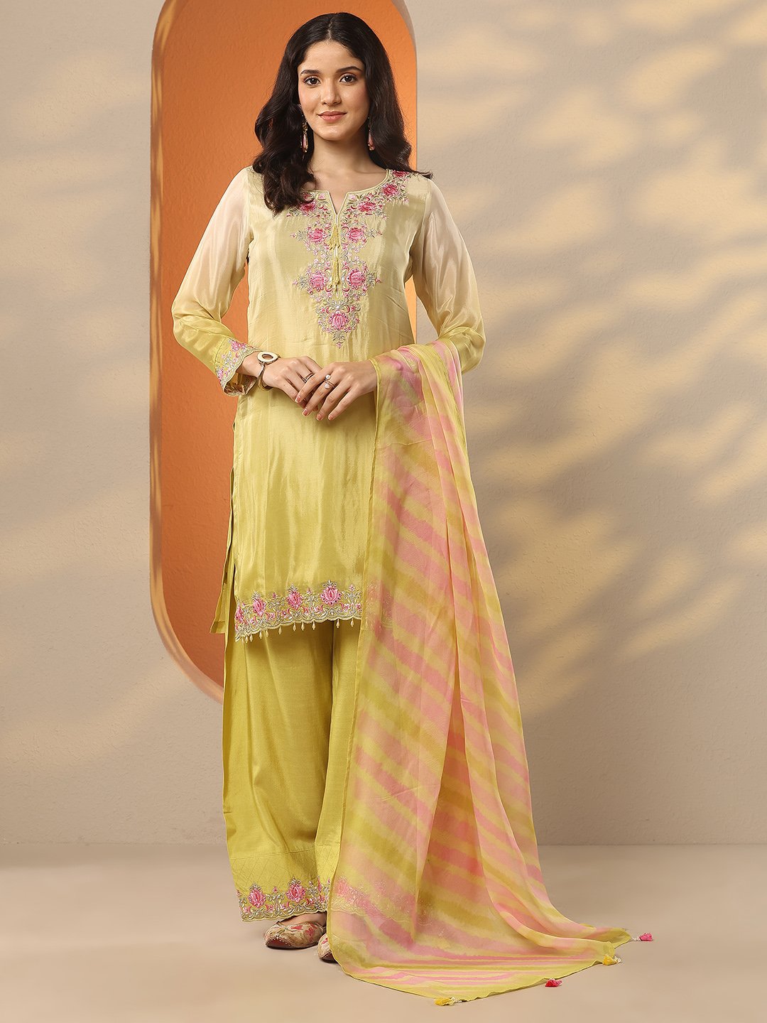 Yellow Embroidered Crepe Straight Kurta, Trousers and Dupatta Set