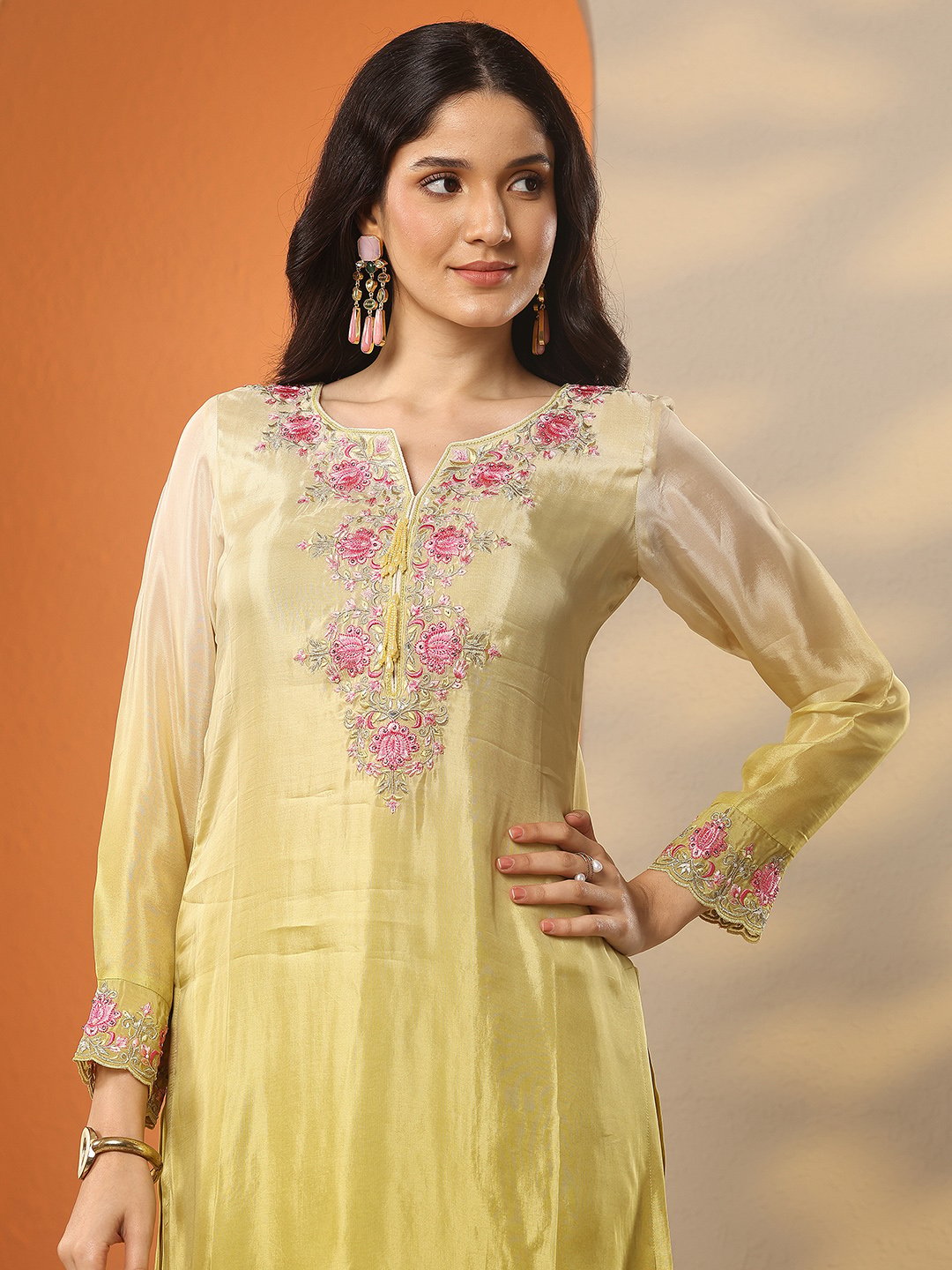 Yellow Embroidered Crepe Straight Kurta, Trousers and Dupatta Set