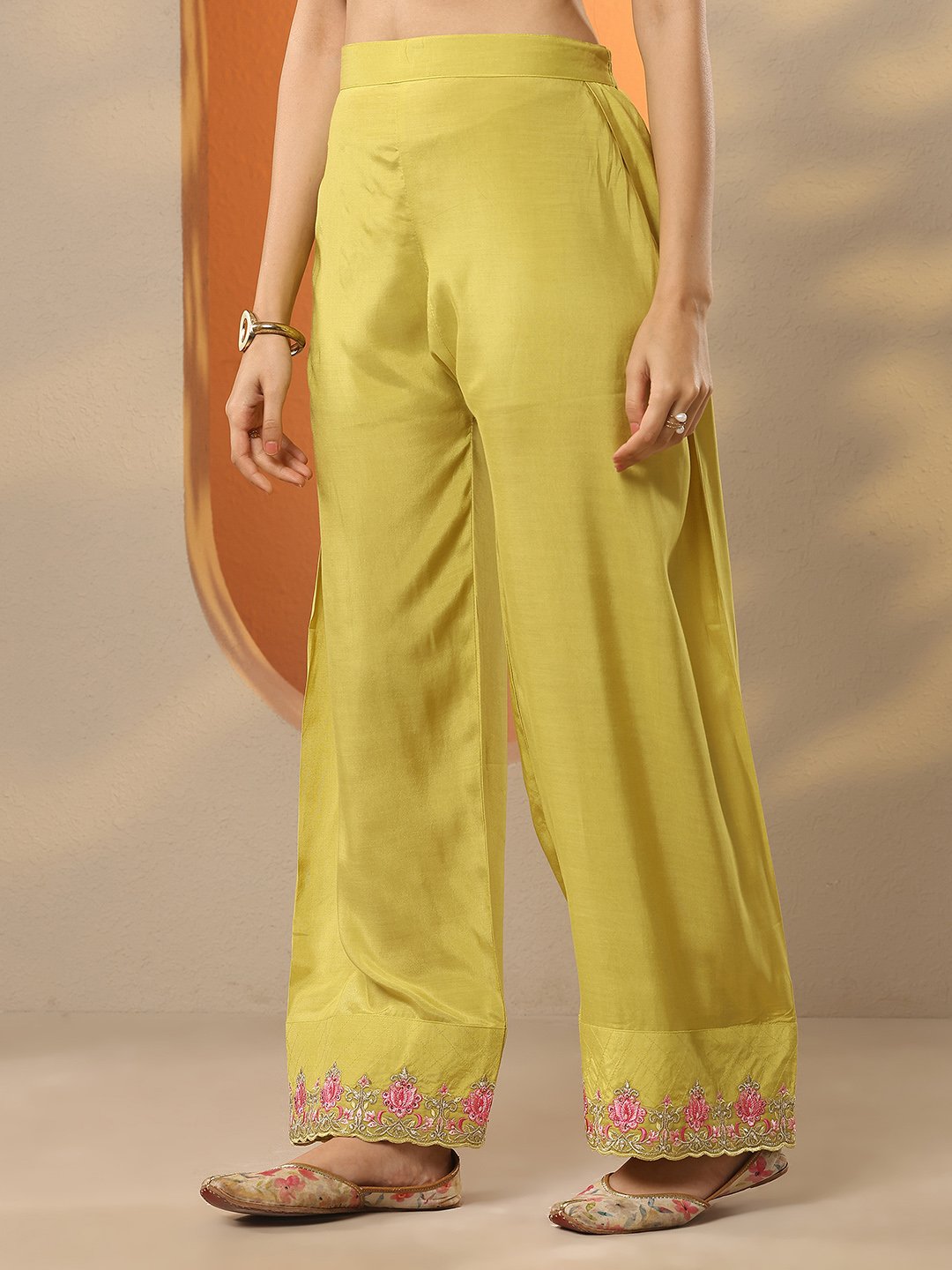 Yellow Embroidered Crepe Straight Kurta, Trousers and Dupatta Set