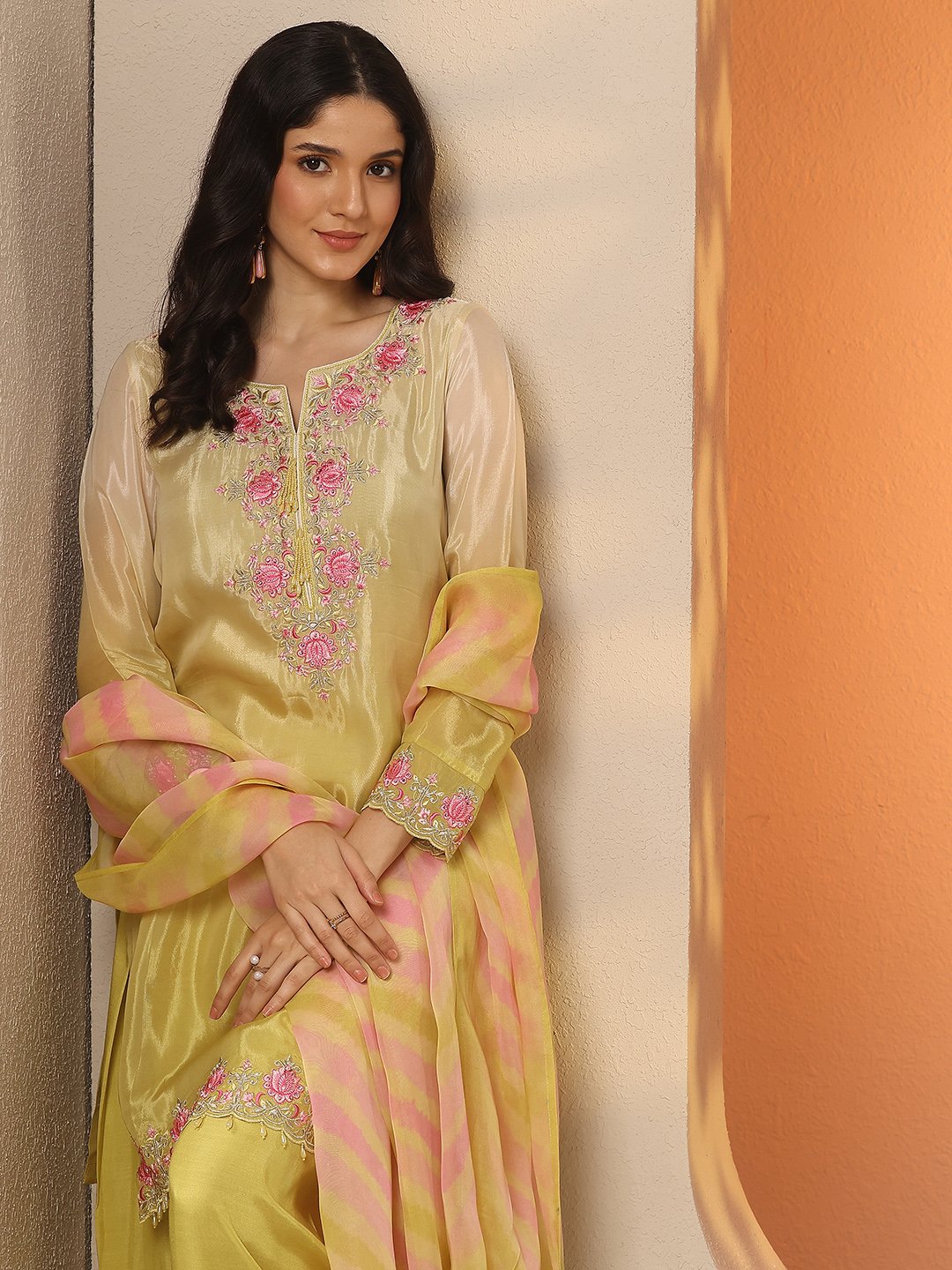 Yellow Embroidered Crepe Straight Kurta, Trousers and Dupatta Set