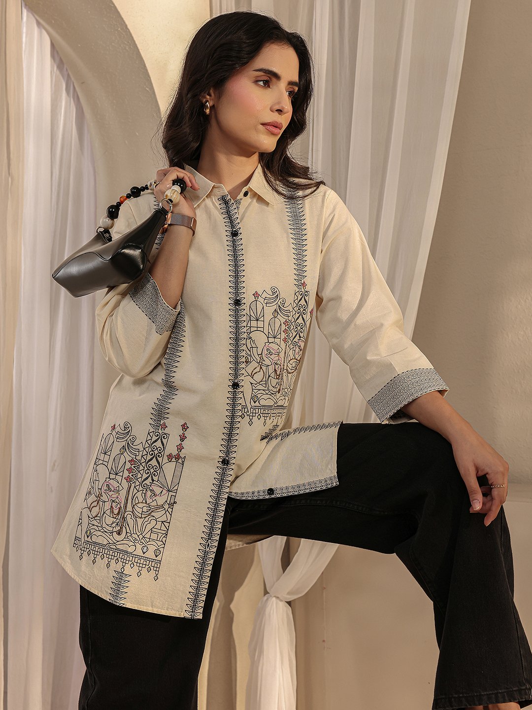 Off White Self Design Cotton Longline Shirt