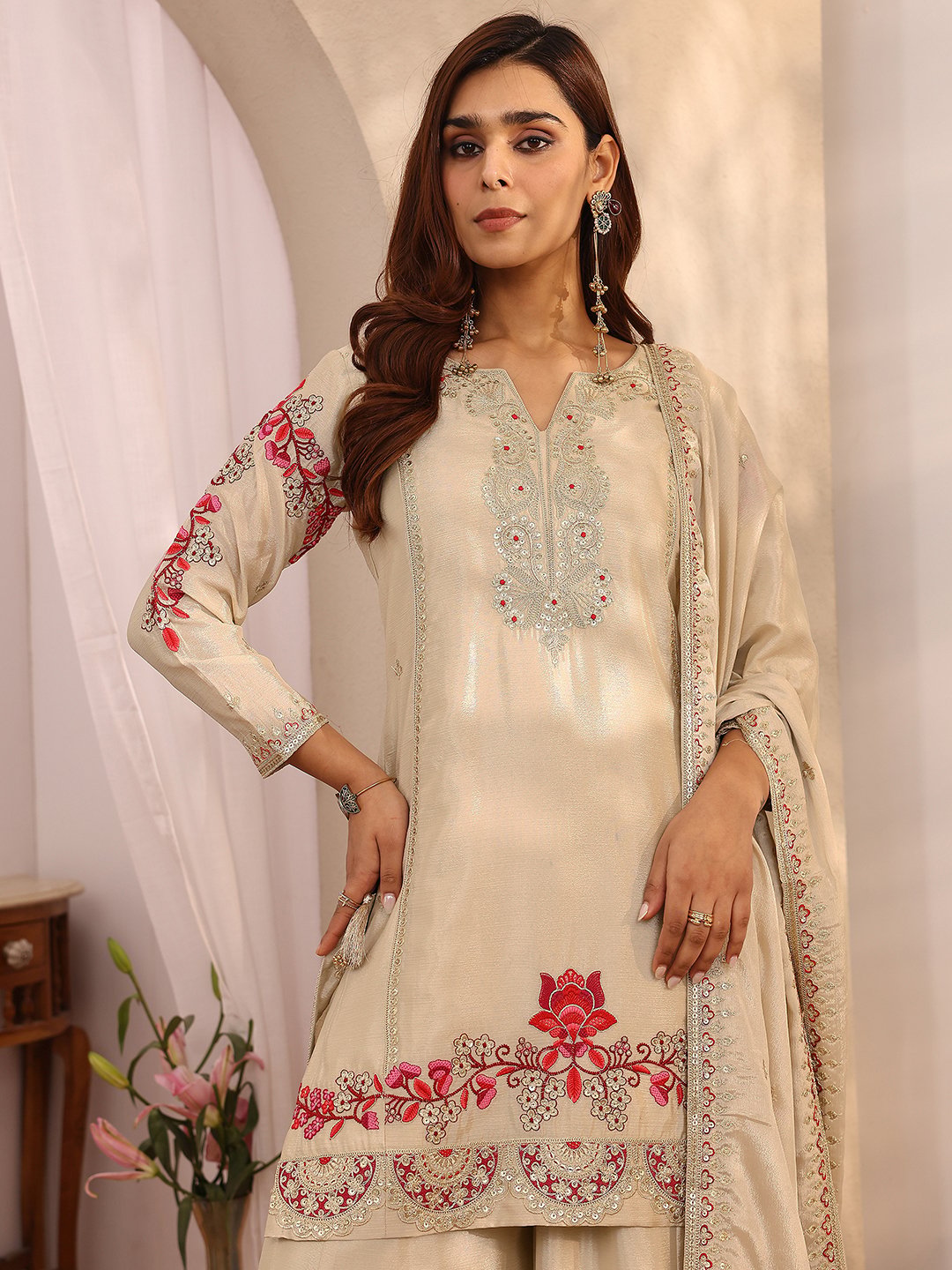 Beige Embroidered Chinon Straight Kurta, Palazzo and Dupatta Set