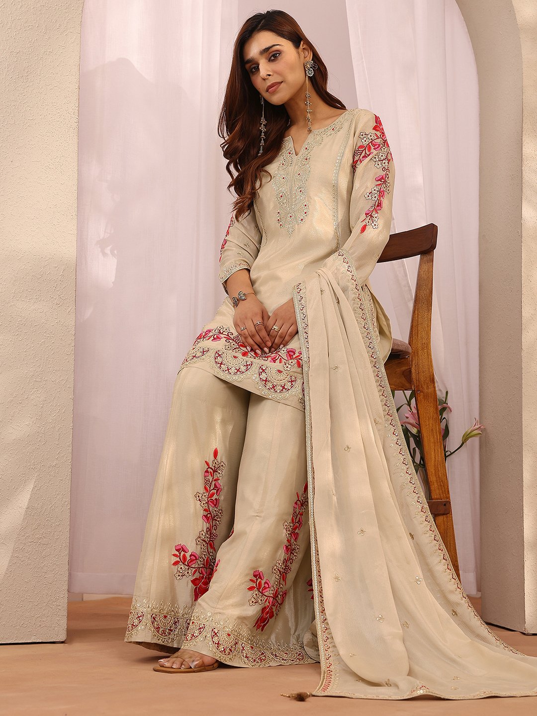 Beige Embroidered Chinon Straight Kurta, Palazzo and Dupatta Set