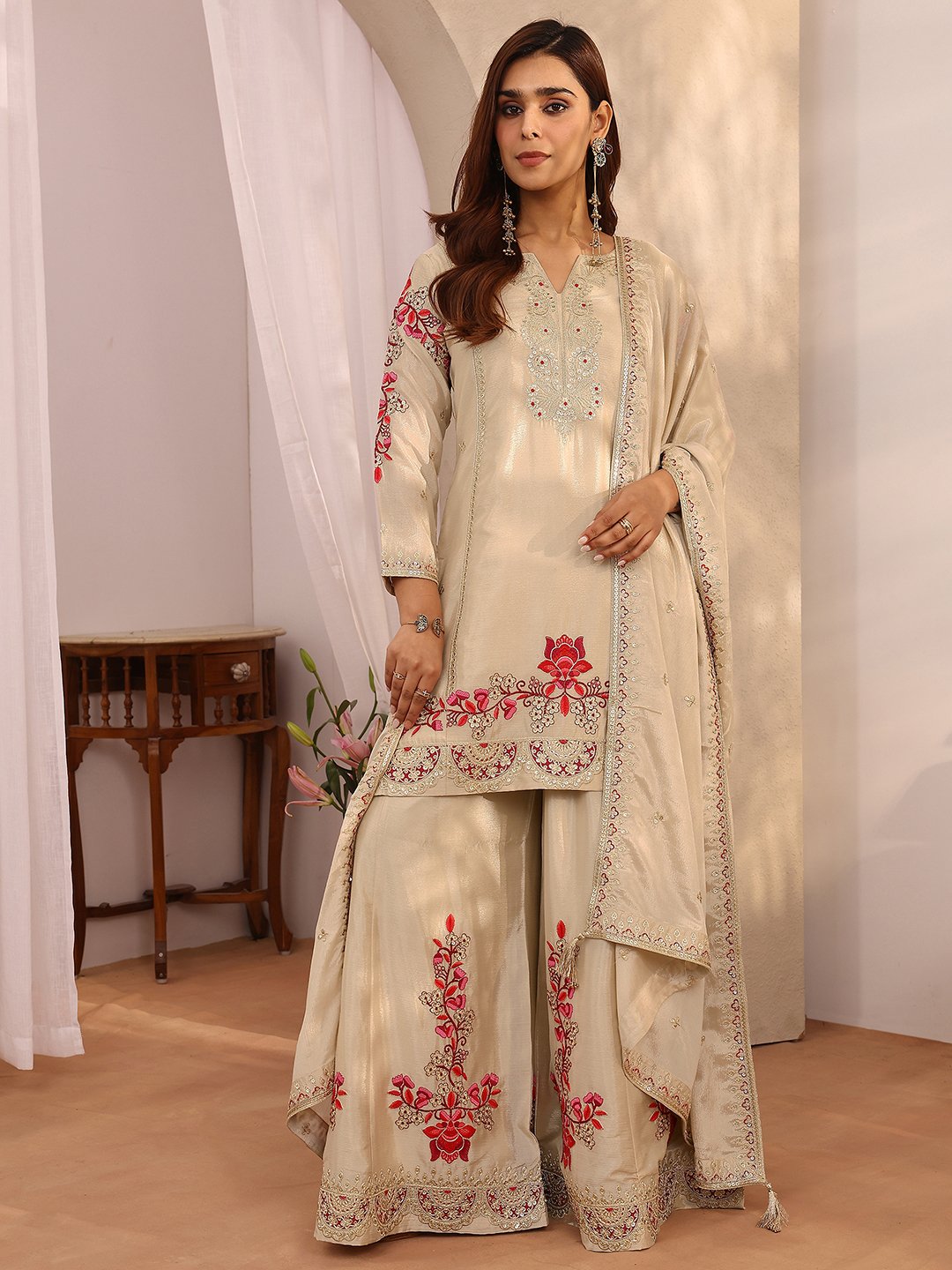 Beige Embroidered Chinon Straight Kurta, Palazzo and Dupatta Set