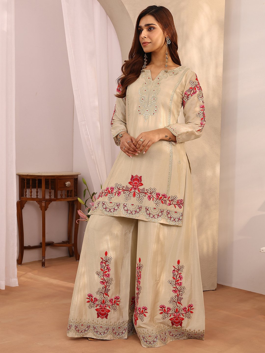 Beige Embroidered Chinon Straight Kurta, Palazzo and Dupatta Set