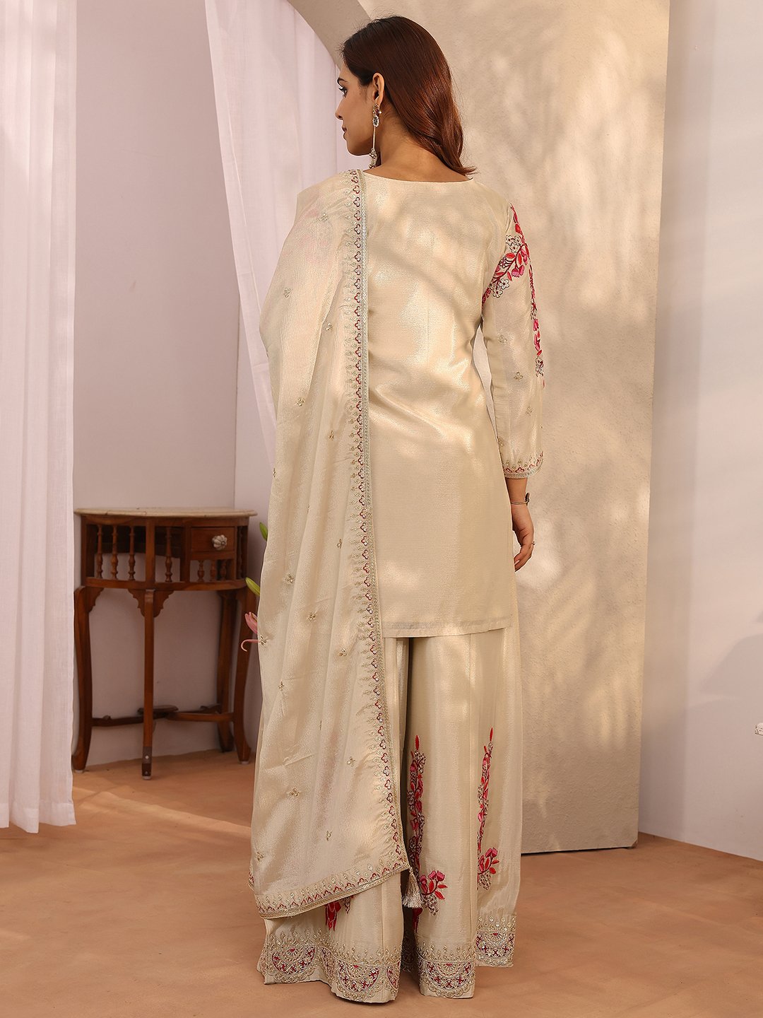 Beige Embroidered Chinon Straight Kurta, Palazzo and Dupatta Set