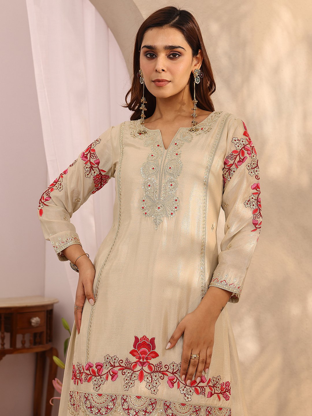 Beige Embroidered Chinon Straight Kurta, Palazzo and Dupatta Set