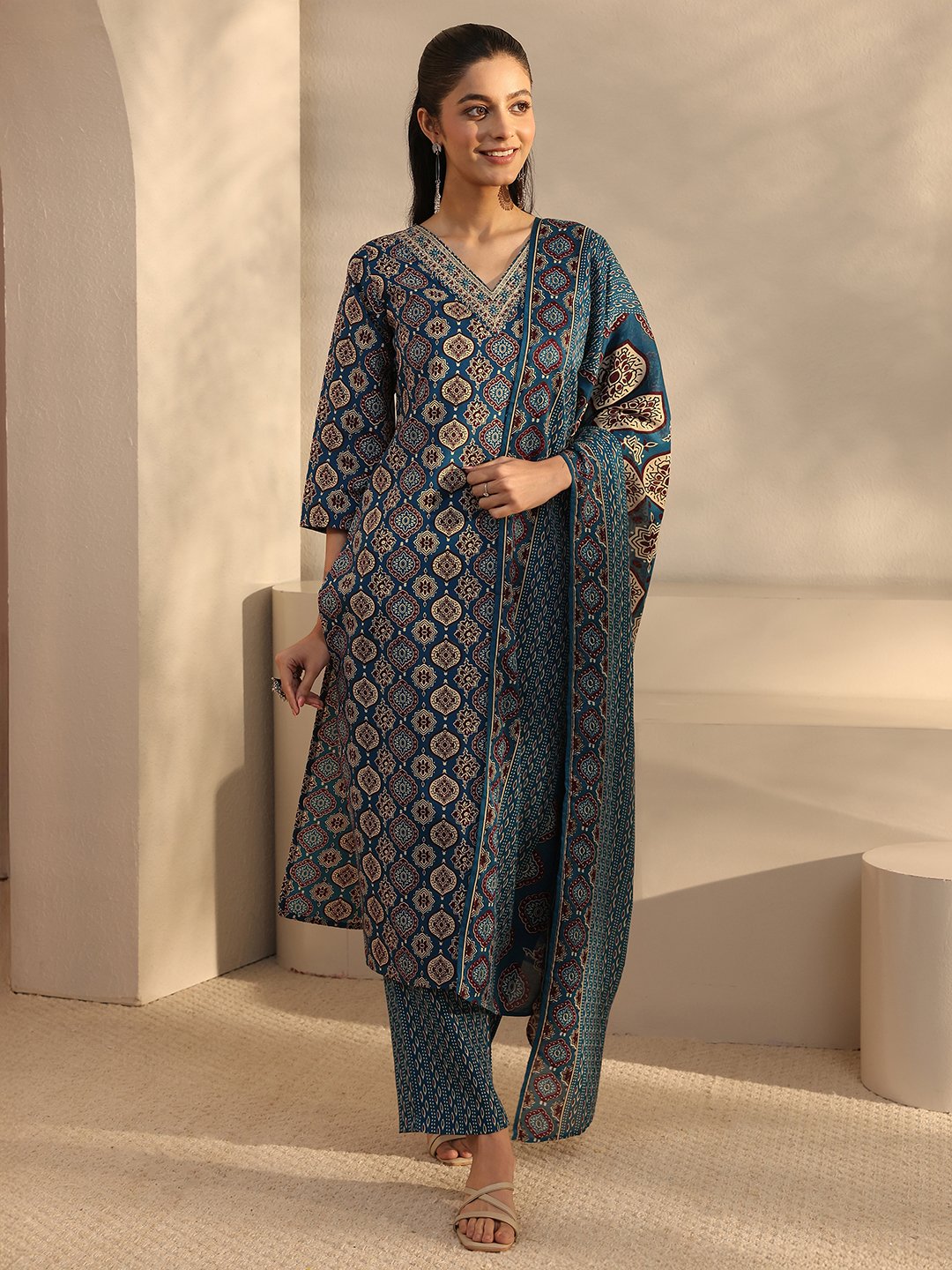 Blue Printed Cotton Blend Straight Kurta, Trousers and Dupatta Set