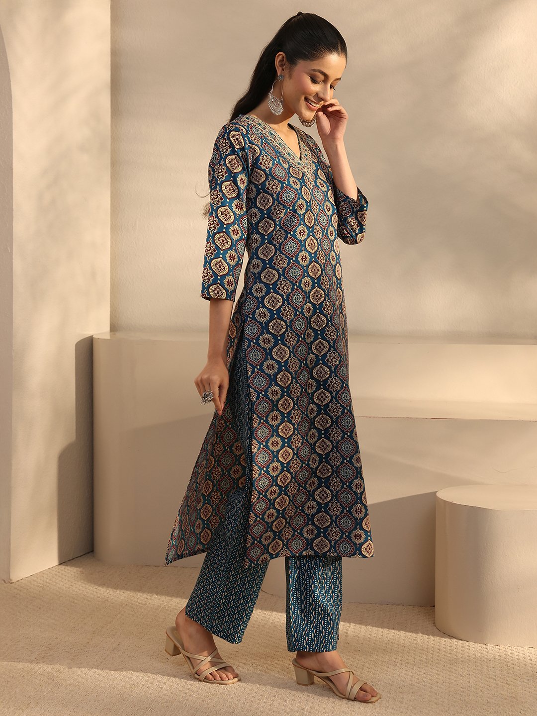 Blue Printed Cotton Blend Straight Kurta, Trousers and Dupatta Set