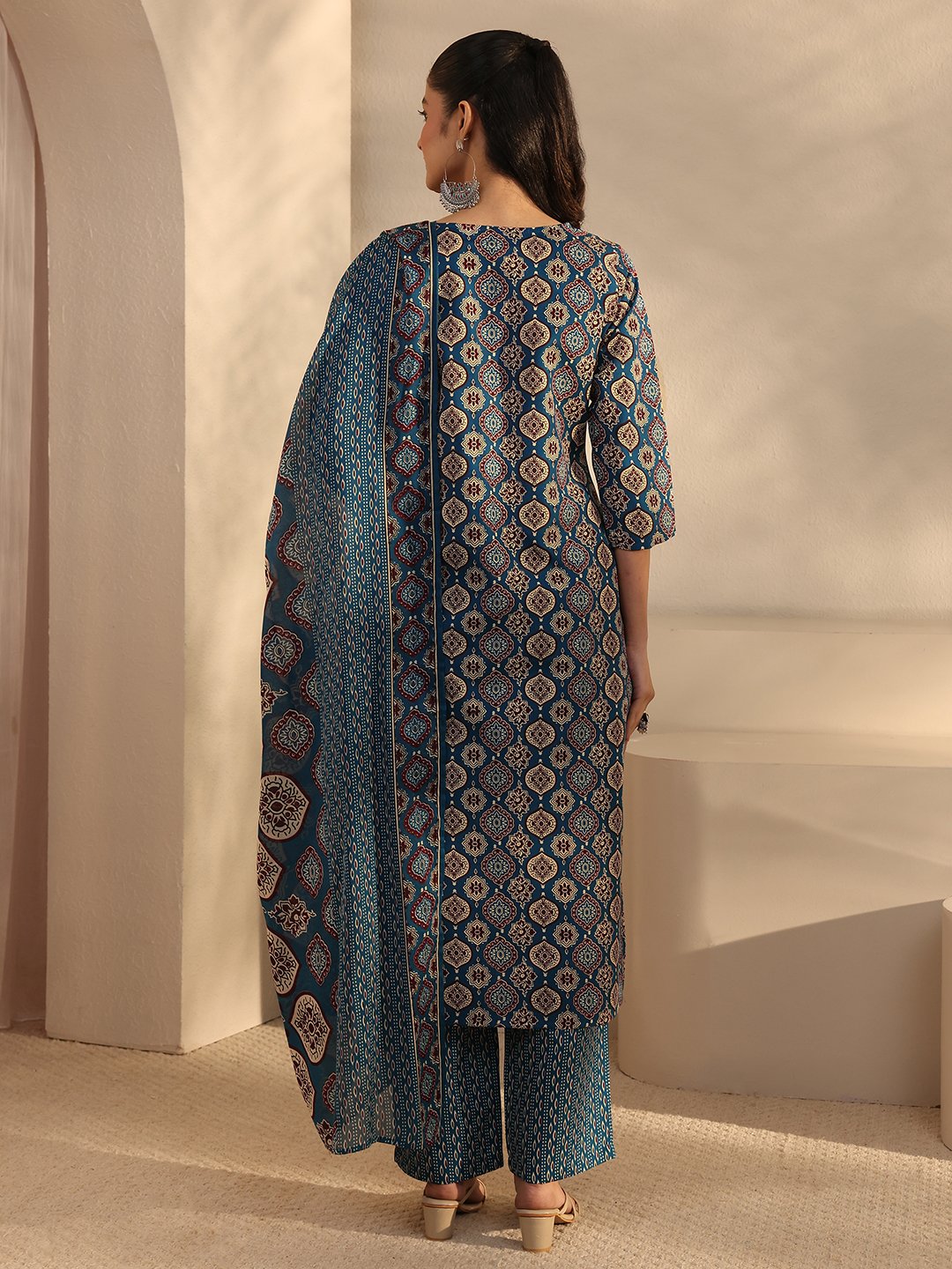 Blue Printed Cotton Blend Straight Kurta, Trousers and Dupatta Set