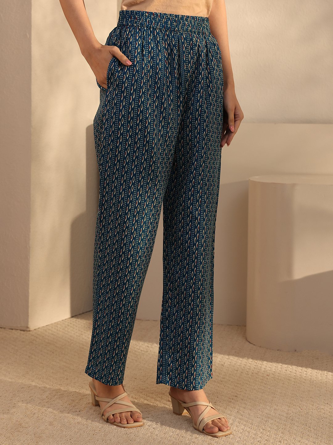 Blue Printed Cotton Blend Straight Kurta, Trousers and Dupatta Set