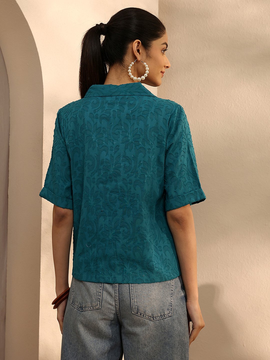 Teal Textured Cotton Short Sleeve Shirt