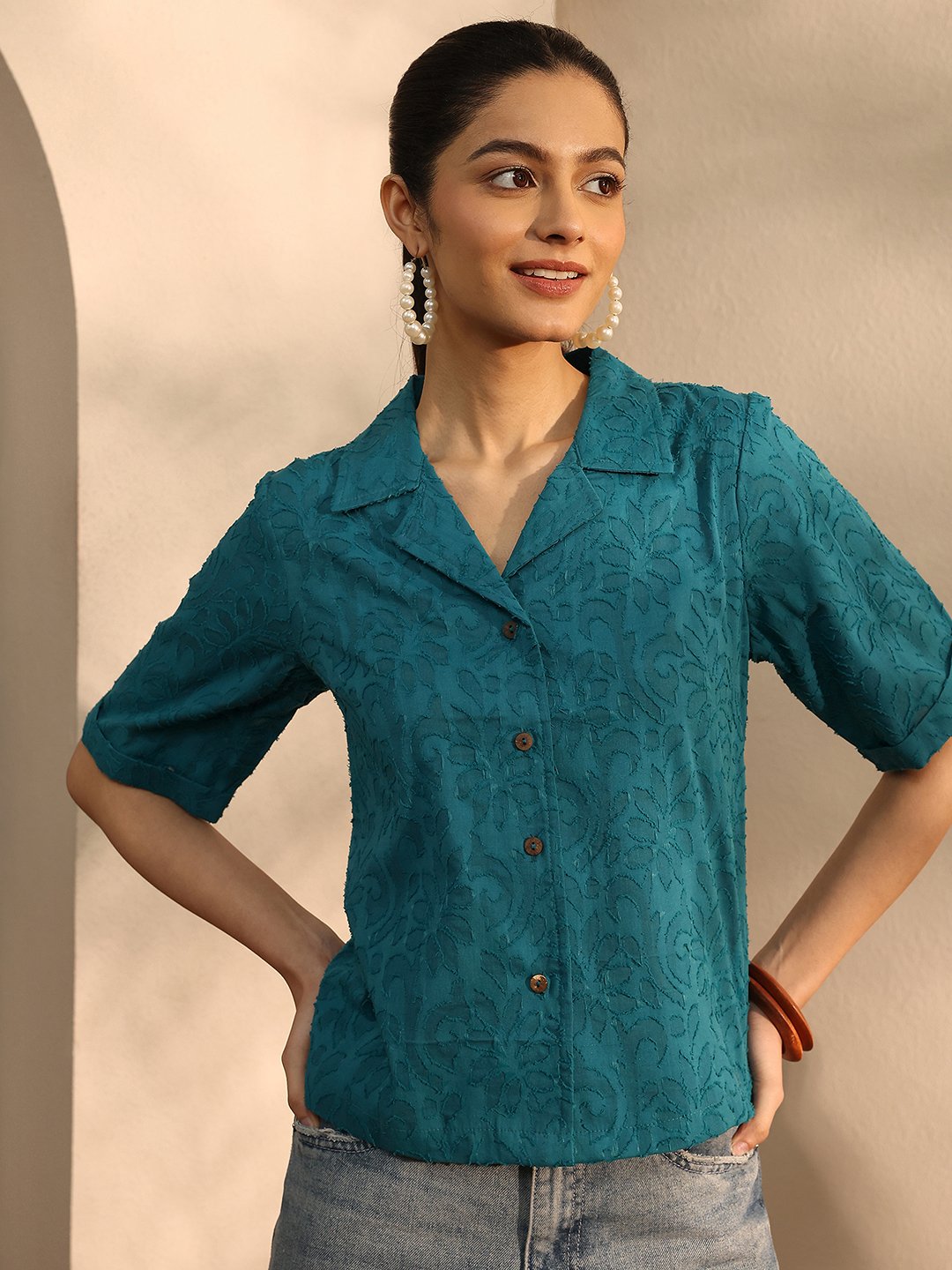 Teal Textured Cotton Short Sleeve Shirt