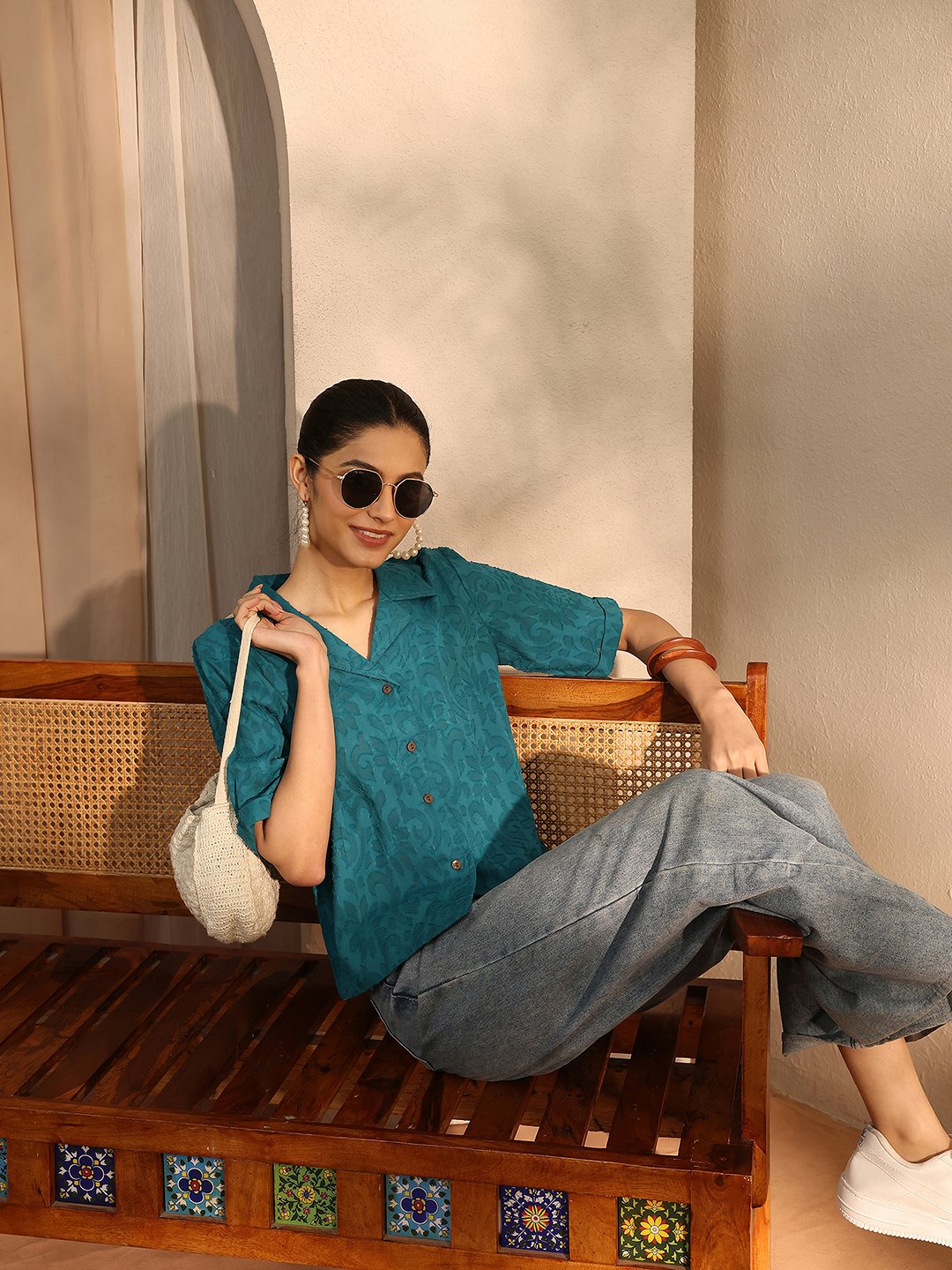 Teal Textured Cotton Short Sleeve Shirt