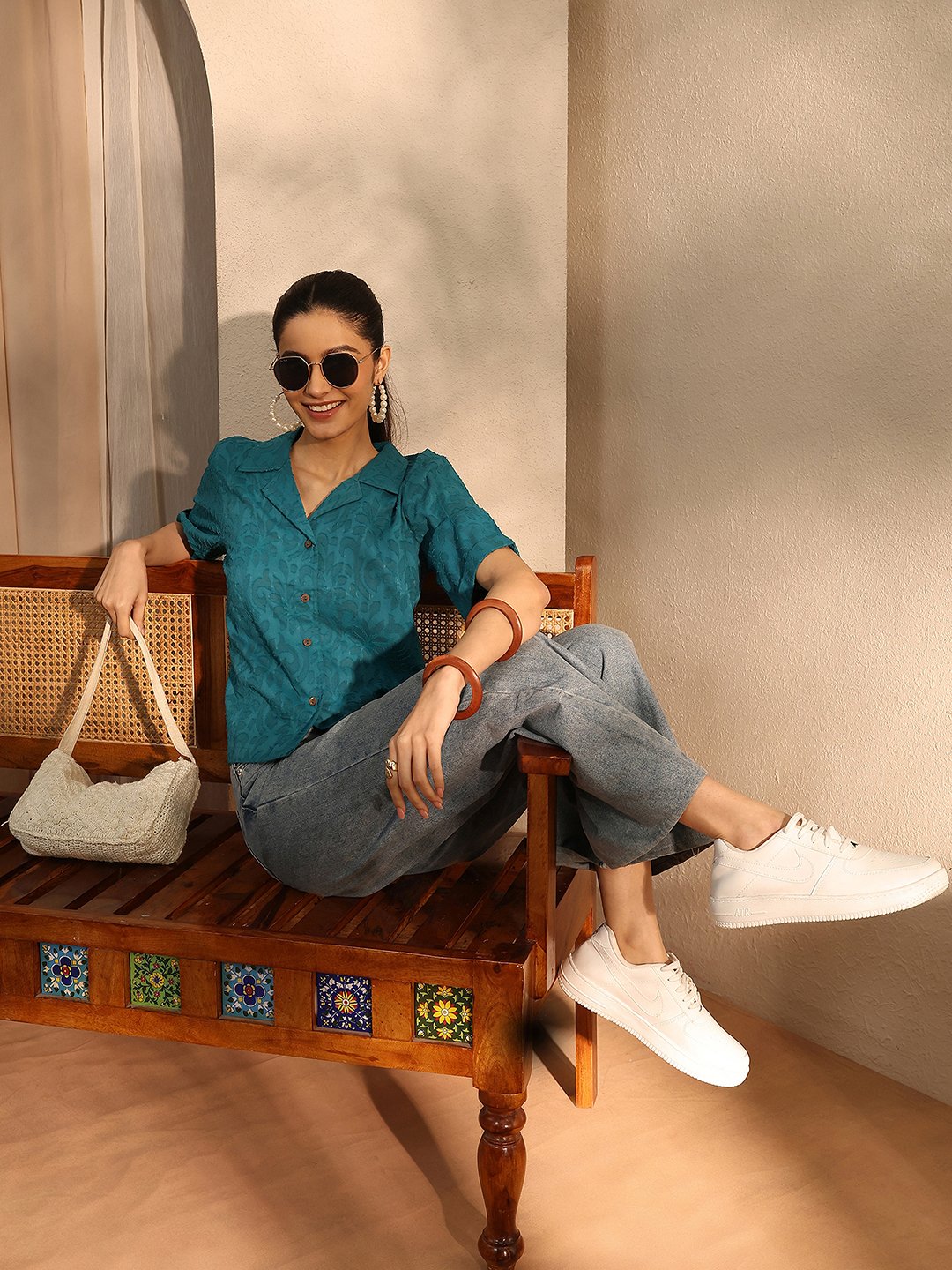 Teal Textured Cotton Short Sleeve Shirt