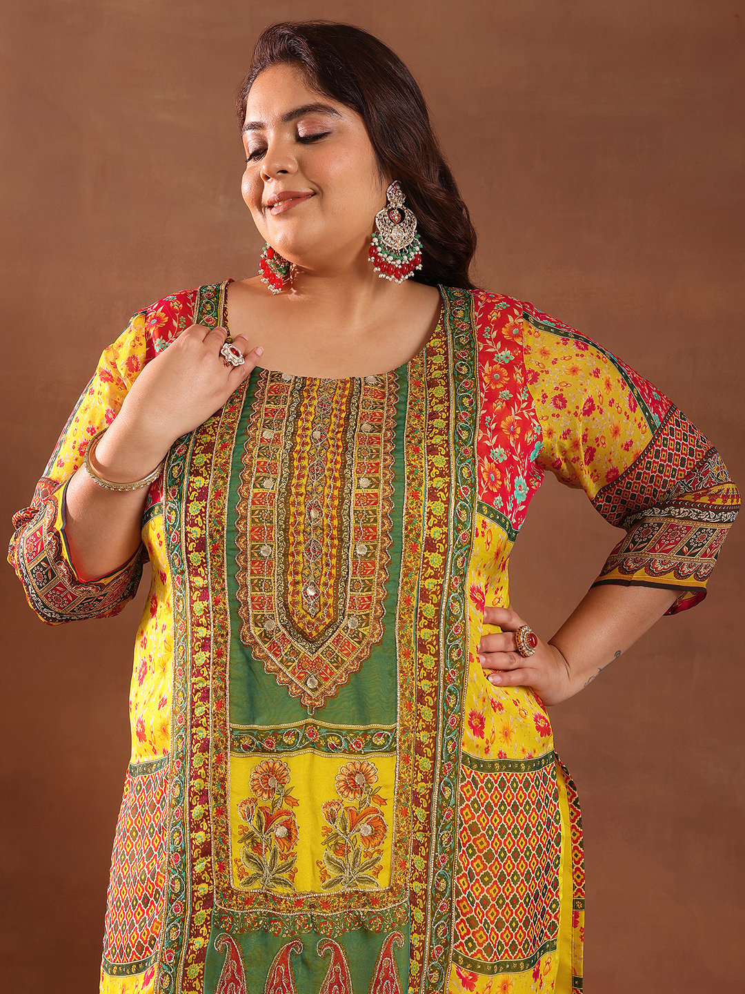 Plus Size Embellished Organza Straight Kurta, Trousers And Dupatta Set